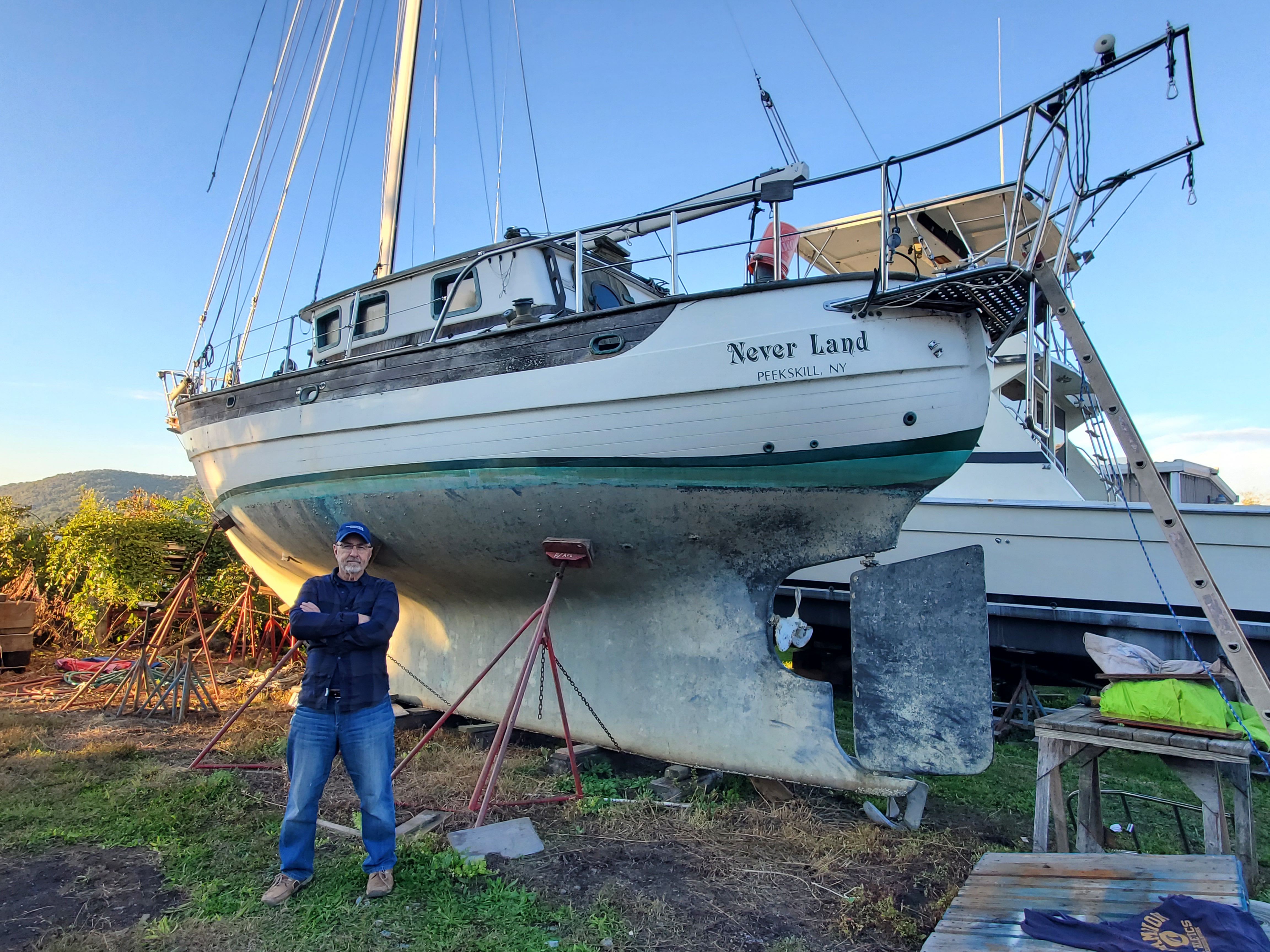 S/V Never Land, a 1983 Hans Christian 39 Pilothouse, seen from the water.